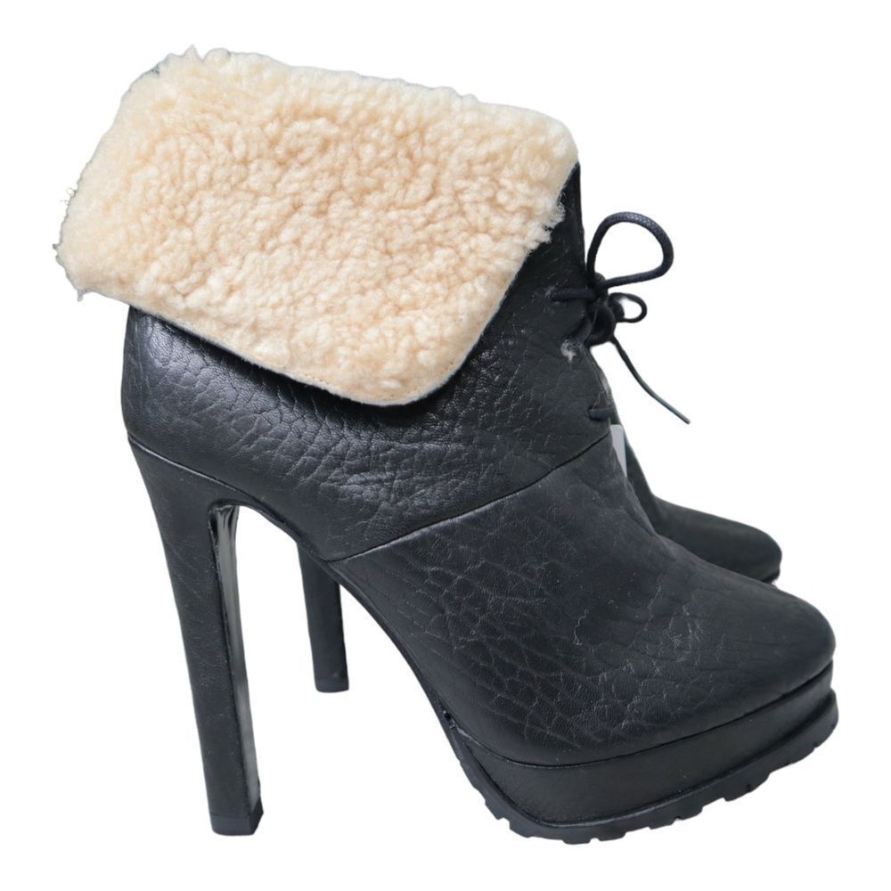 Zara Real Leather Sherpha Lining High Heel Booties EU39/US 8 Lace Up Black NWT - Picture 2 of 10